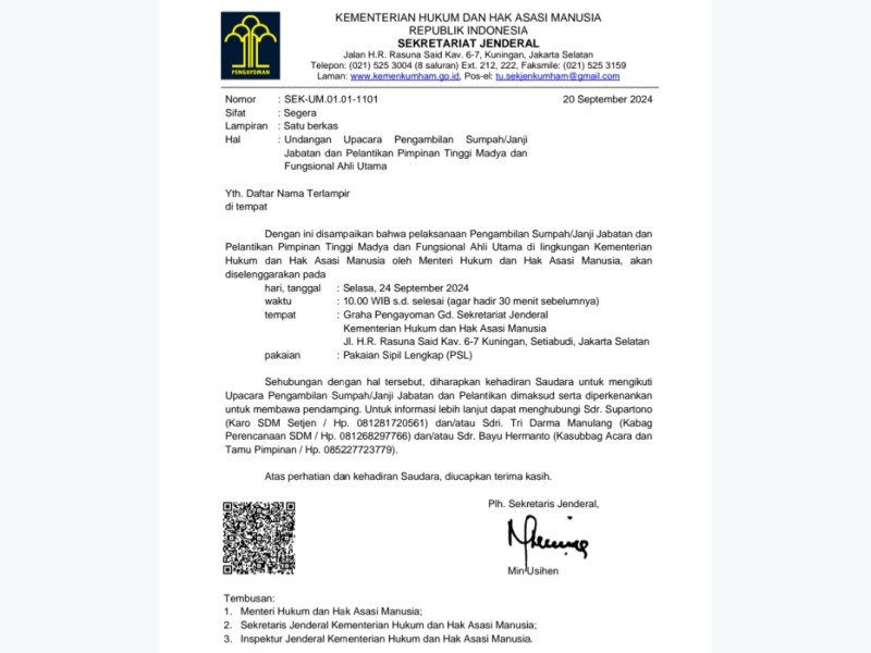 Undangan pelantikan berbentuk elektronik berupa PDF yang tersebar di lingkungan Kemenkumham RI. 