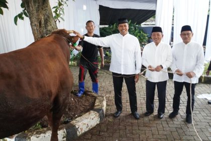 Direktur Utama BSI Anggoro Eko Cahyo (kiri), Wakil Direktur Utama BSI Bob T.Ananta (tengah) dan Direktur Eksekutif BSI Maslahat Sukoriyanto Saputro (kanan) saat menyaksikan prosesi pemotongan hewan kurban dilanjutkan penyerahan kepada perwakilan dhuafa di Kantor BSI Maslahat Jakarta (6/6).