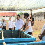 Staf Ahli Menteri Bidang Kerja Sama Antar Lembaga, Anggiat Napitupulu (dua dari kanan) didampingi Kakanwil Ditjen Imigrasi NTT Arvin Gumilang dan Kakanim Atambua Putu Agus Eka Putra mendapatkan penjelasan soal pembibitan lele.