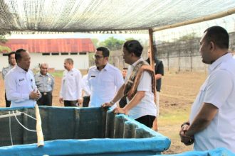 Staf Ahli Menteri Bidang Kerja Sama Antar Lembaga, Anggiat Napitupulu (dua dari kanan) didampingi Kakanwil Ditjen Imigrasi NTT Arvin Gumilang dan Kakanim Atambua Putu Agus Eka Putra mendapatkan penjelasan soal pembibitan lele.