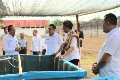 Staf Ahli Menteri Bidang Kerja Sama Antar Lembaga, Anggiat Napitupulu (dua dari kanan) didampingi Kakanwil Ditjen Imigrasi NTT Arvin Gumilang dan Kakanim Atambua Putu Agus Eka Putra mendapatkan penjelasan soal pembibitan lele.