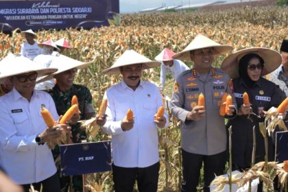 Menteri Imigrasi dan Pemasyarakatan, Agus Andrianto bersama Kapolresta Sidoarjo, Kombespol Christian Tobing menunjukkan hasil panen.