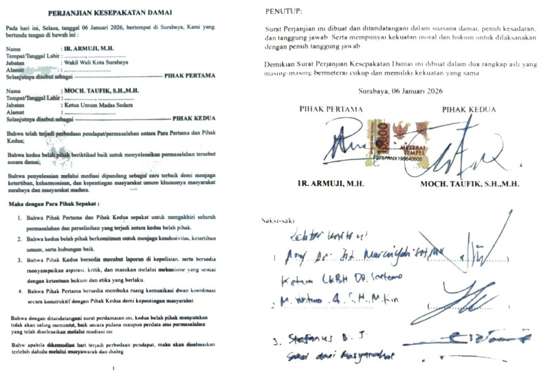 Surat perjanjian kesepakatan damai yang ditandatangani oleh Wakil Walikota Surabaya Armuji dan Ketua Umum Madas Sedara, Muhammad Taufik.
