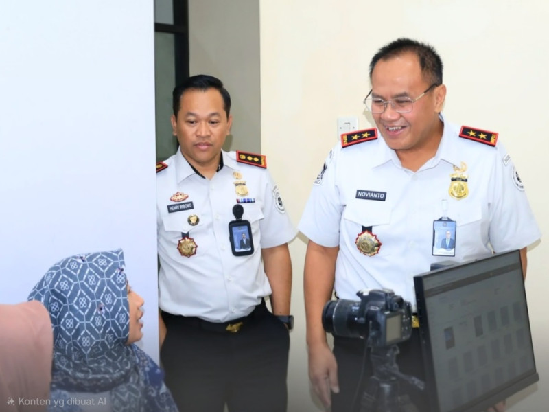 Kepala Kantor Imigrasi Kelas I TPI Tanjung Perak, Henry Wibowo (kiri), mendampingi Kakanwil Ditjen Imigrasi Jatim Novianto Sulastono memantau pelayanan keimigrasian pada Unit Kerja Keimigrasian (UKK) di Bojonegoro.