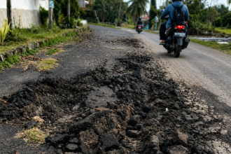 Kondisi jalan hotmix di Kelurahan Sumberrejo, Kecamatan Banyuwangi, dilaporkan retak, amblas, dan pecah sehingga membahayakan pengguna jalan, terutama pada malam hari.