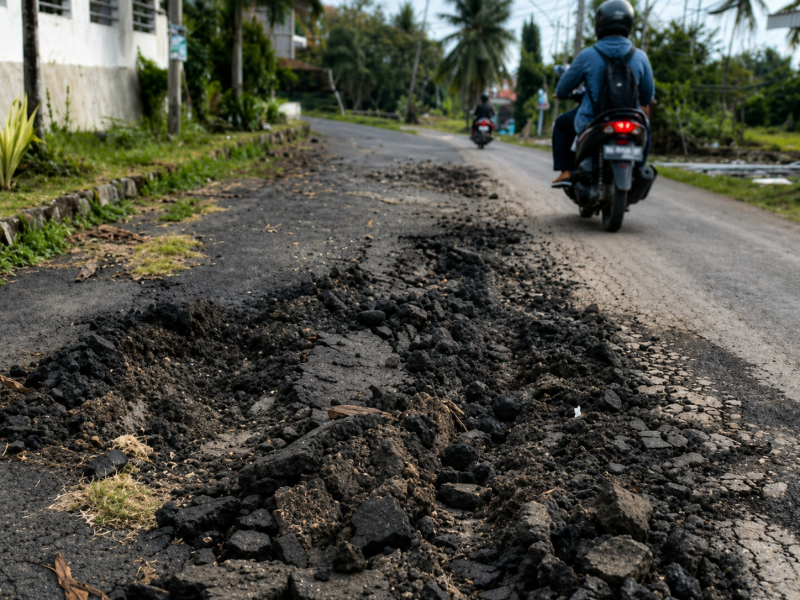Kondisi jalan hotmix di Kelurahan Sumberrejo, Kecamatan Banyuwangi, dilaporkan retak, amblas, dan pecah sehingga membahayakan pengguna jalan, terutama pada malam hari.