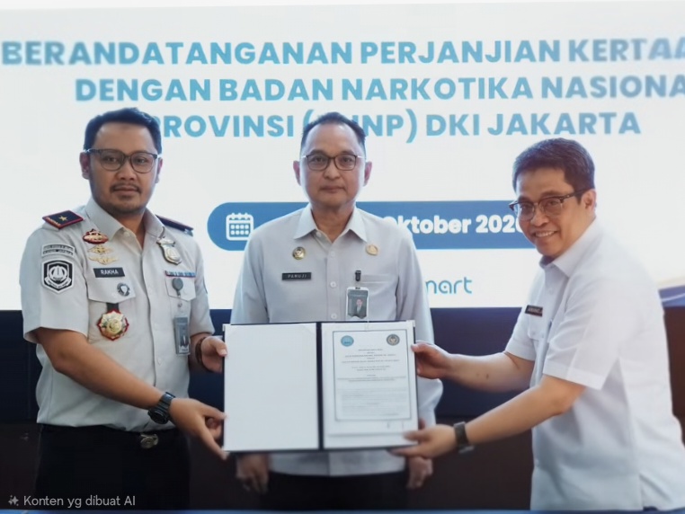 Kepala Kantor Wilayah Direktorat Jenderal Imigrasi Daerah Khusus Jakarta Pamuji Raharja (tengah) menyaksikan komitmen Imigrasi Bersinar antara Kakanim Jakbar Rakha Sukma Purnama (kiri) dan Kepala BNNP DKI Jakarta Brigjen Pol Awang Joko Rumitro (kanan).